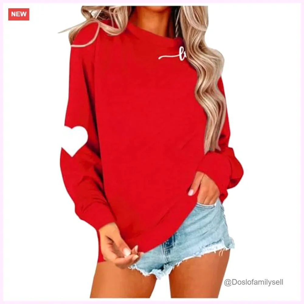 Valentine Heart Sweatshirt Long Sleeve Round Neck Pullover Casual Chic Top
